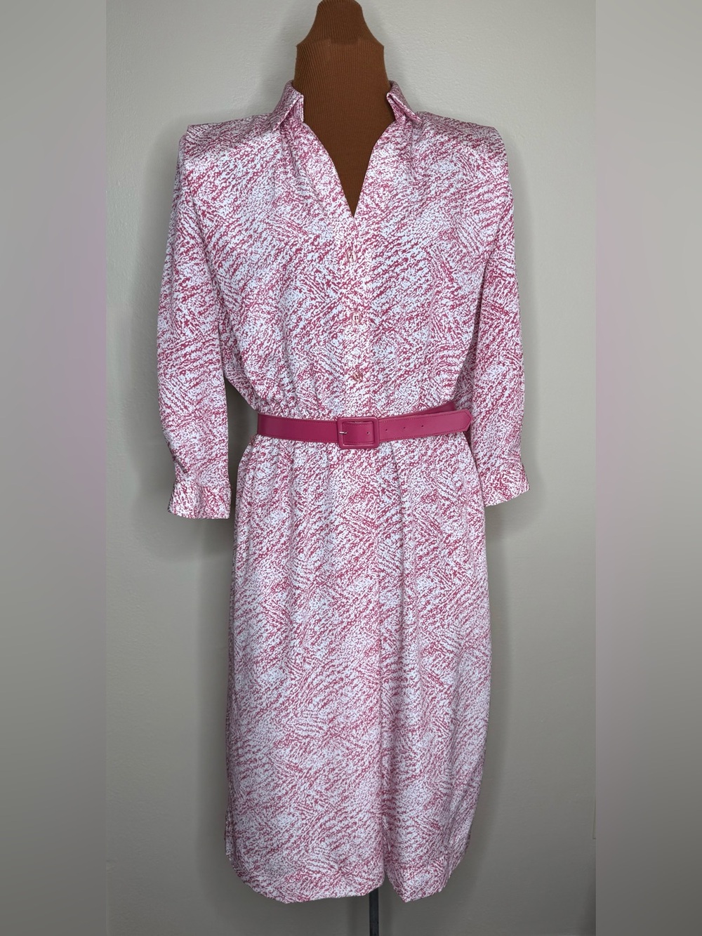 Schrader Sport Vintage 80’s Shirtwaist Pink Patterned Midi Dress Belt Size
